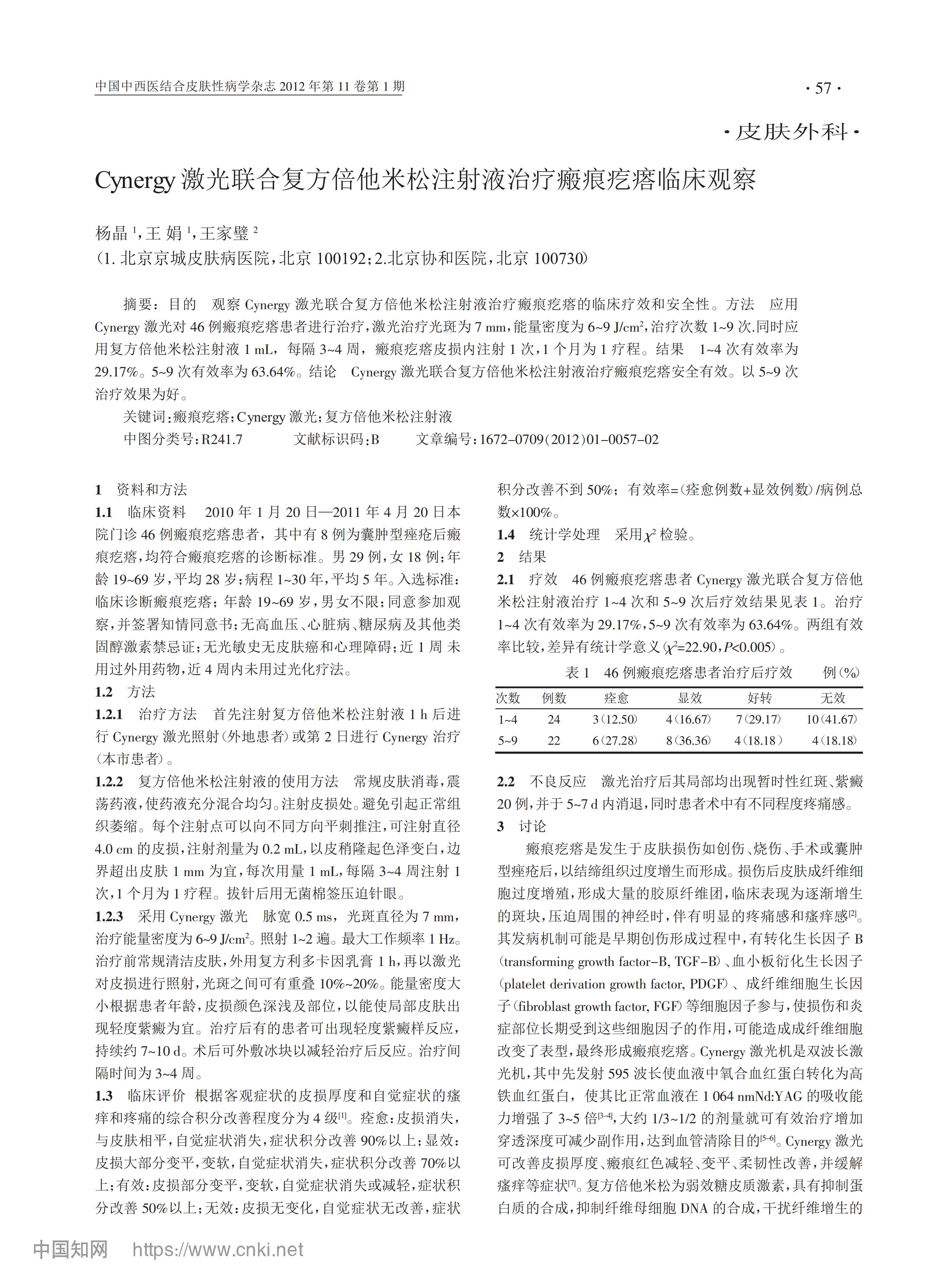 Cynergy激光联合复方倍他米松注射液治疗瘢痕疙瘩临床观察