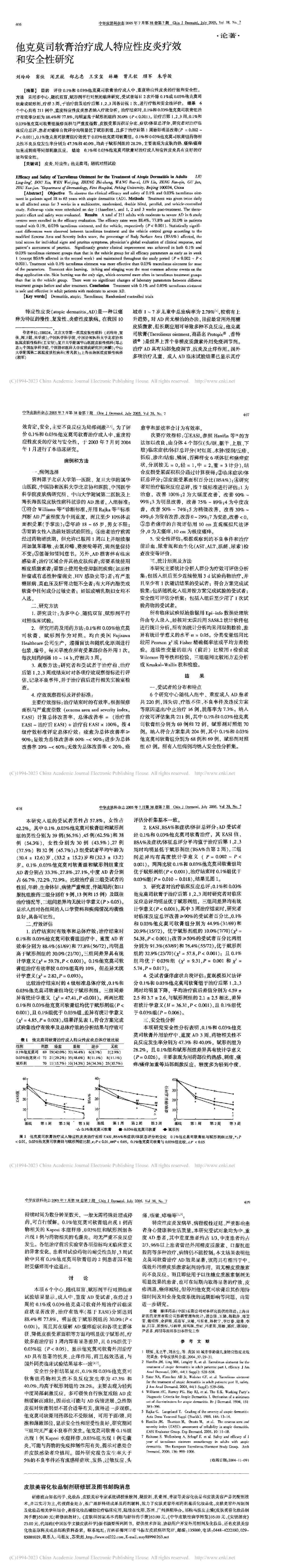 他克莫司软膏治疗成人特应性皮炎疗效和安全性研究