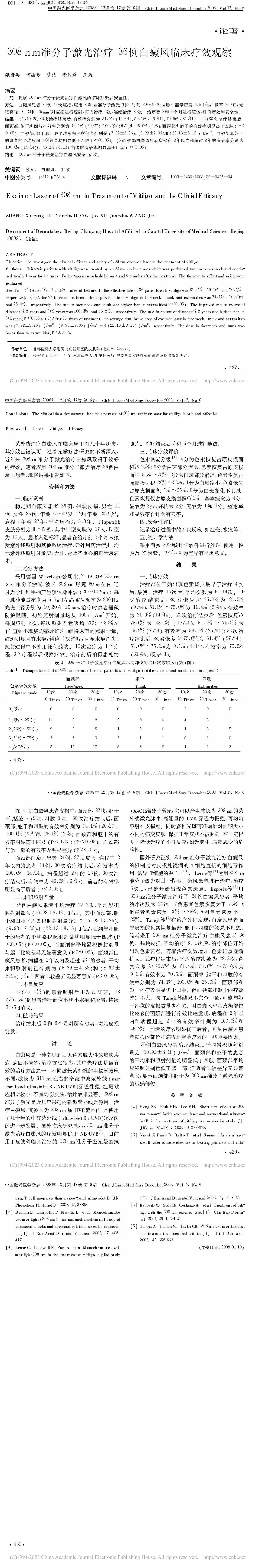 308nm准分子激光治疗 36例白癜风临床疗效观察
