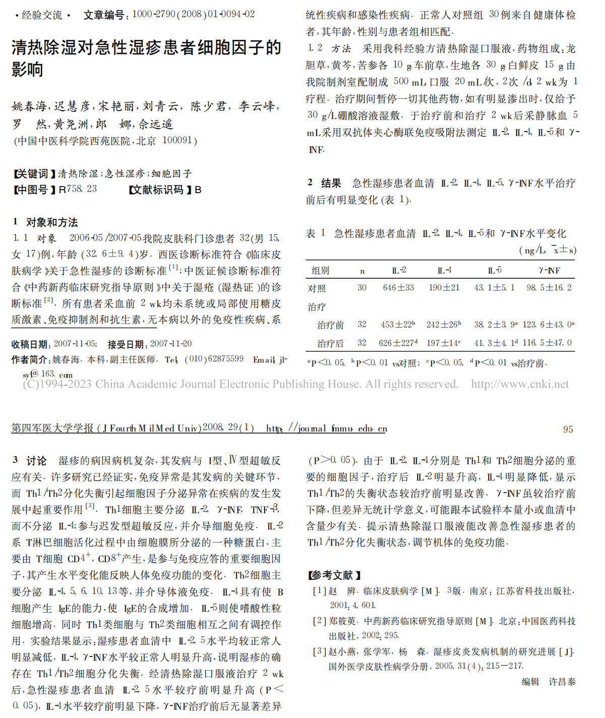 清热除湿对急性湿疹患者细胞因子的影响