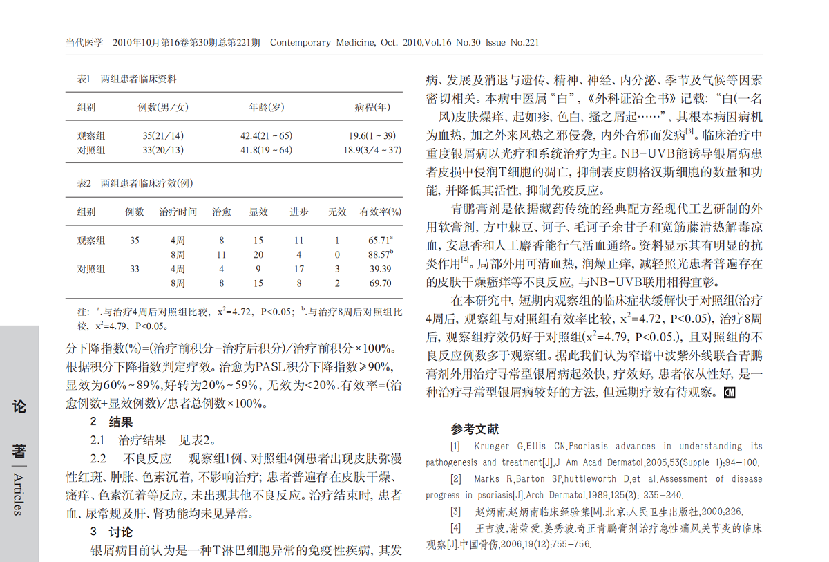 窄谱中波紫外线联合青鹏膏剂外用治疗寻常型银屑病近期疗效观察