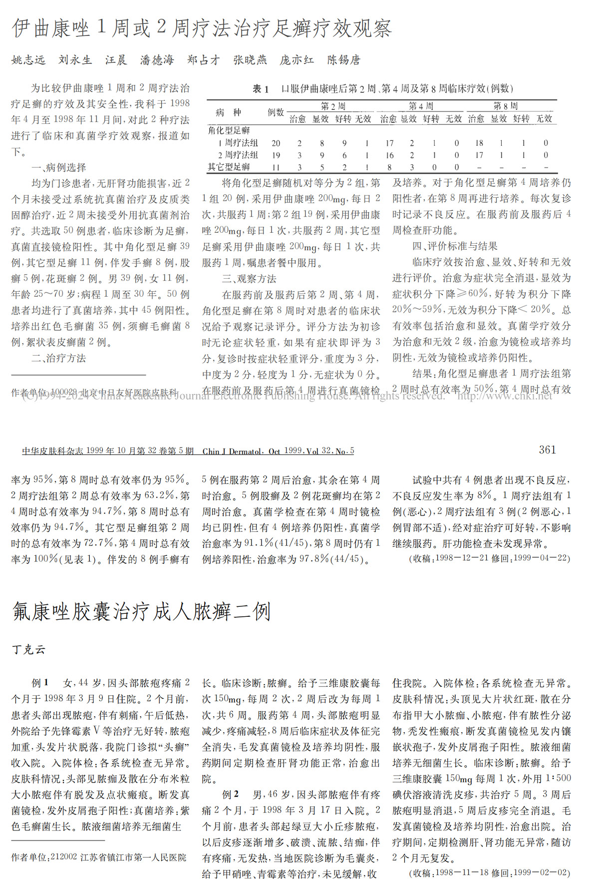 伊曲康唑1周或2周疗法治疗足癣疗效观察