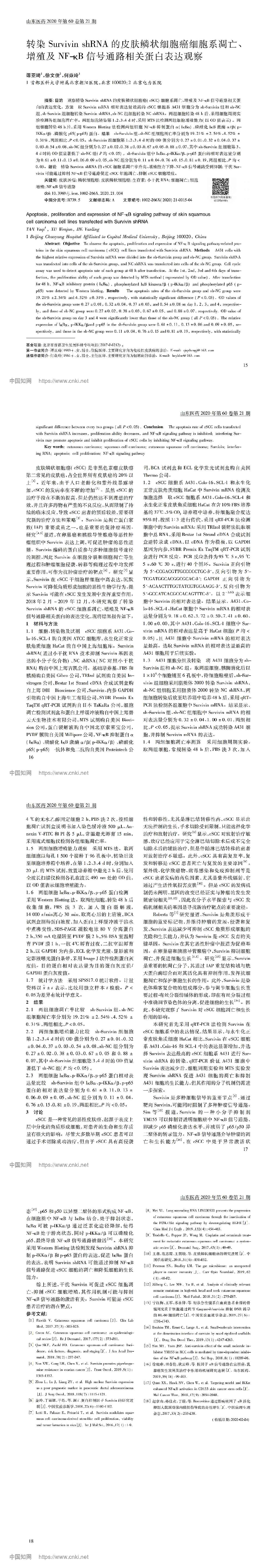 转染Survivin shRNA的皮肤鳞状细胞癌细胞系凋亡、增殖及NF-B信号通路相关蛋白表达观察