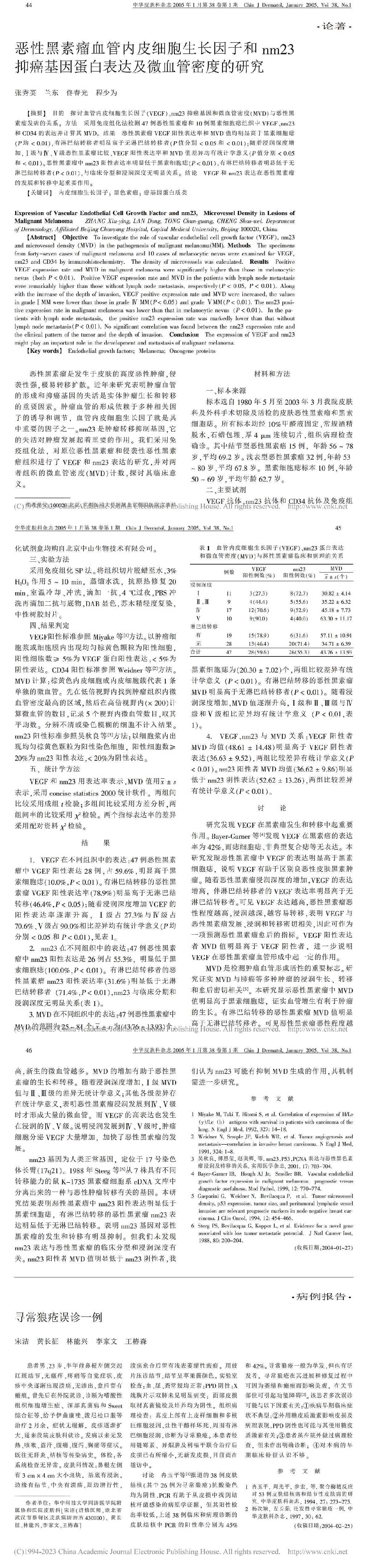 恶性黑素瘤血管内皮细胞生长因子和nm23抑癌基因蛋白表达及微血管密度的研究