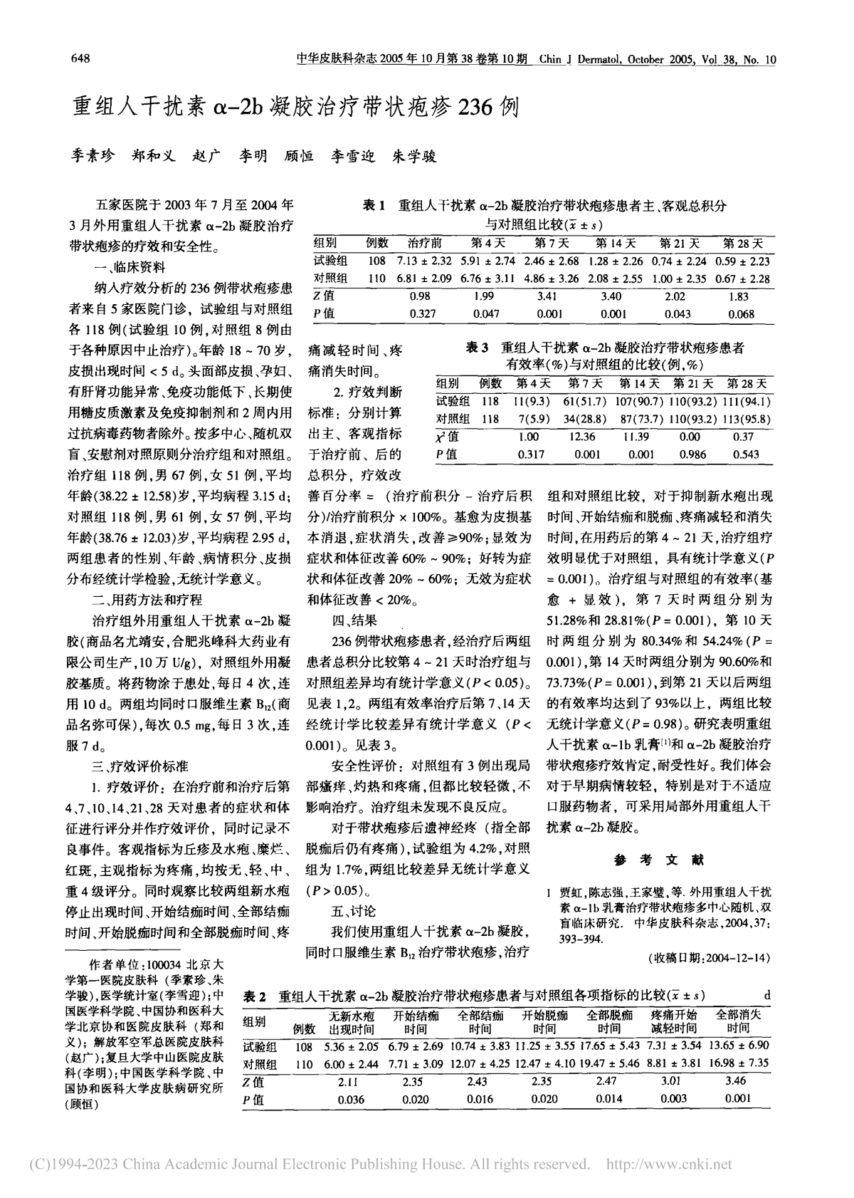 重组人干扰素a-2b凝胶治疗带状疱疹236例