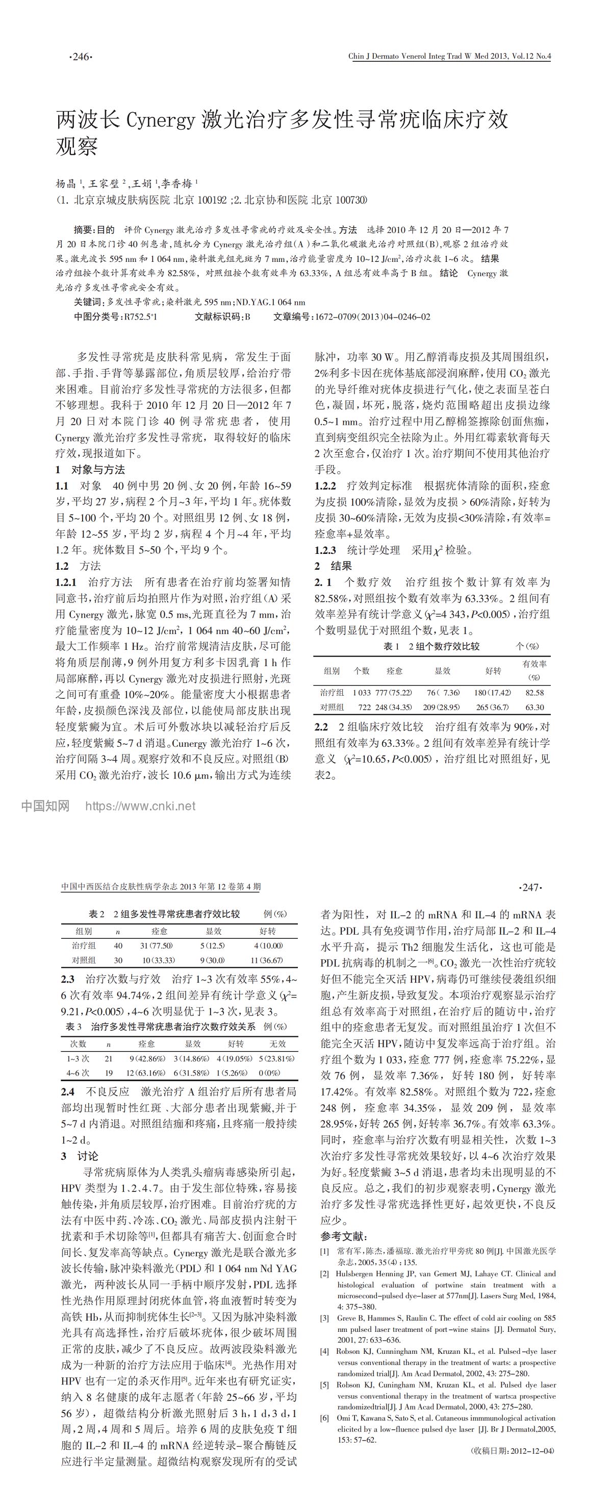 两波长 Cynergy 激光治疗多发性寻常疣临床疗效观察