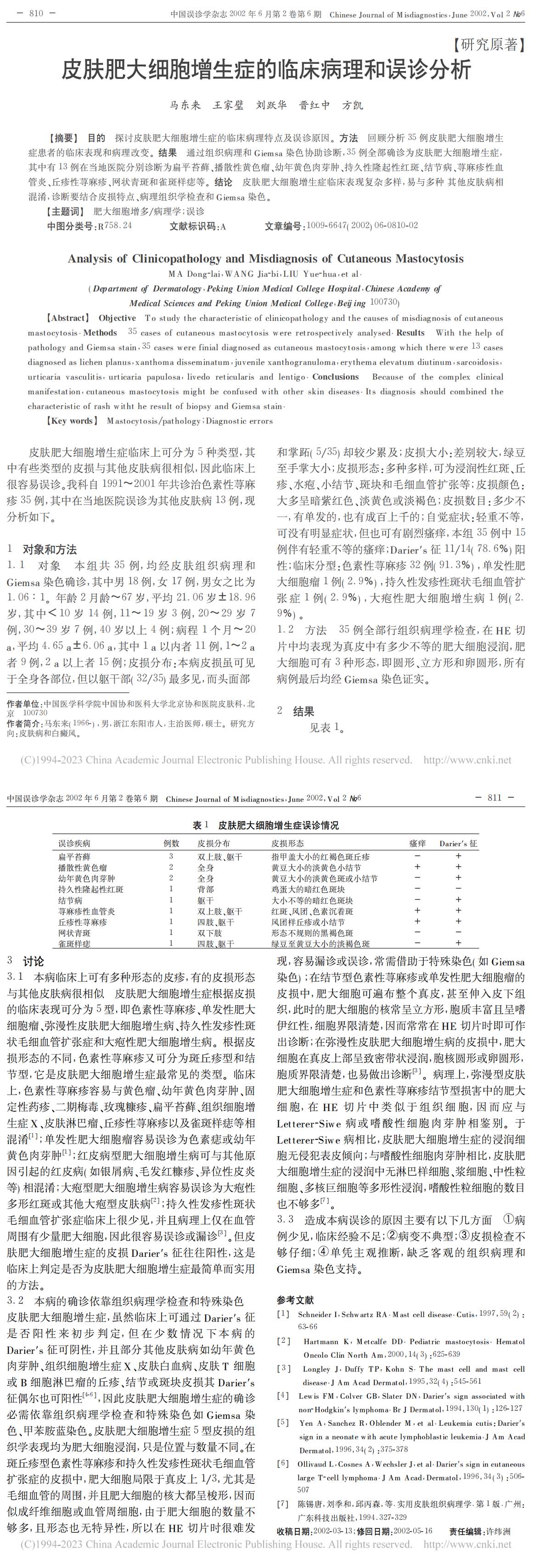 皮肤肥大细胞增生症的临床病理和误诊分析