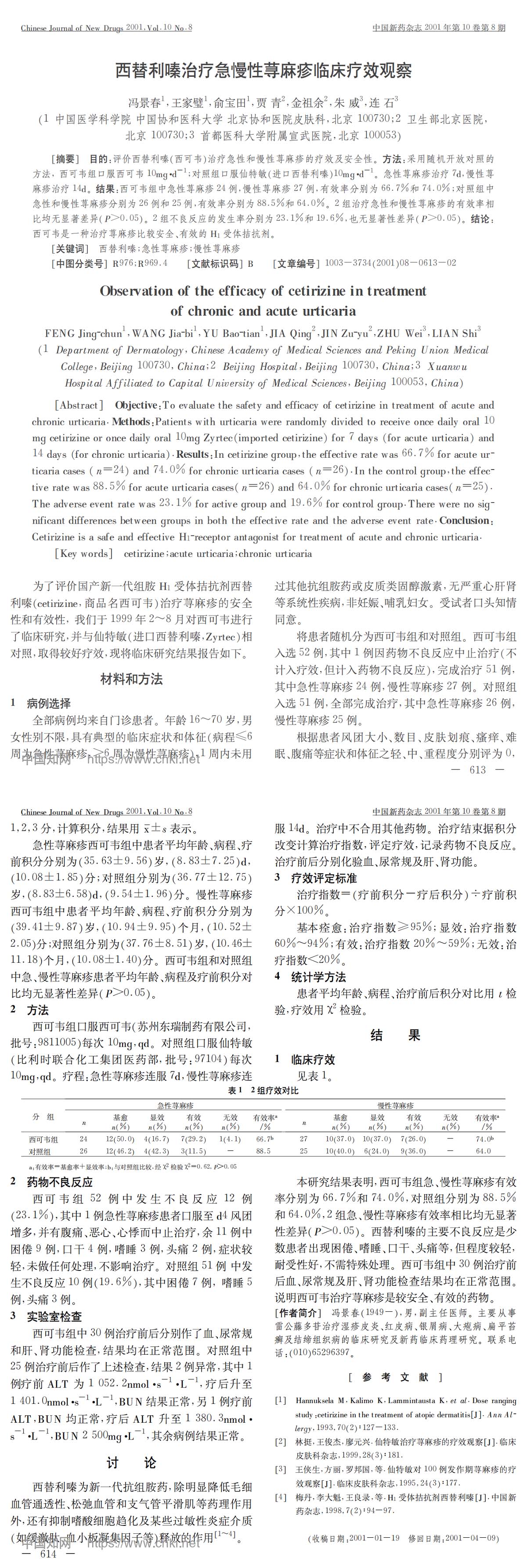 西替利嗪治疗急慢性荨麻疹临床疗效观察