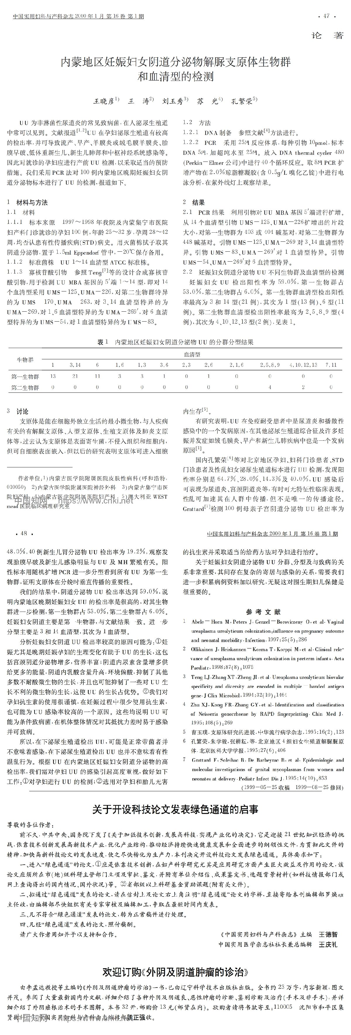 内蒙地区妊娠妇女阴道分泌物解脲支原体生物群和血清型的检测