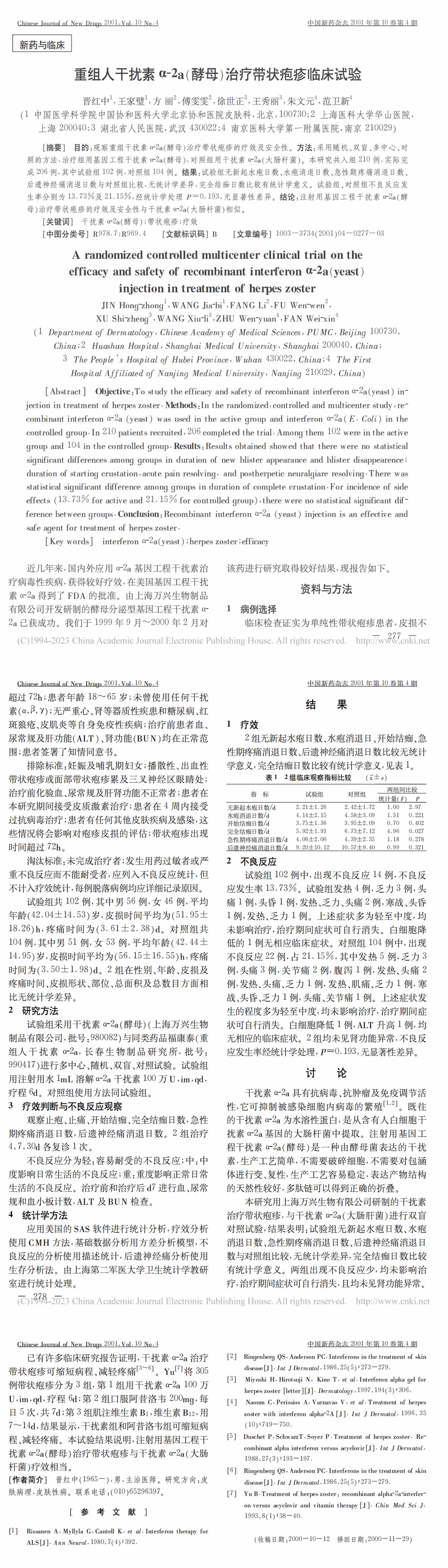 重组人干扰素α-2a（酵母）治疗带状疱疹临床试验