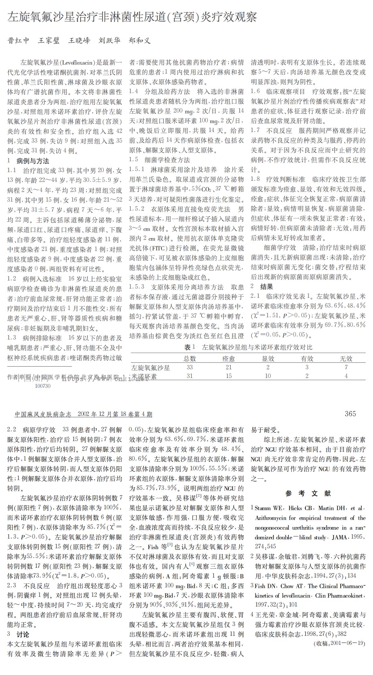 左旋氧氟沙星治疗非淋菌性尿道（宫颈）炎疗效观察
