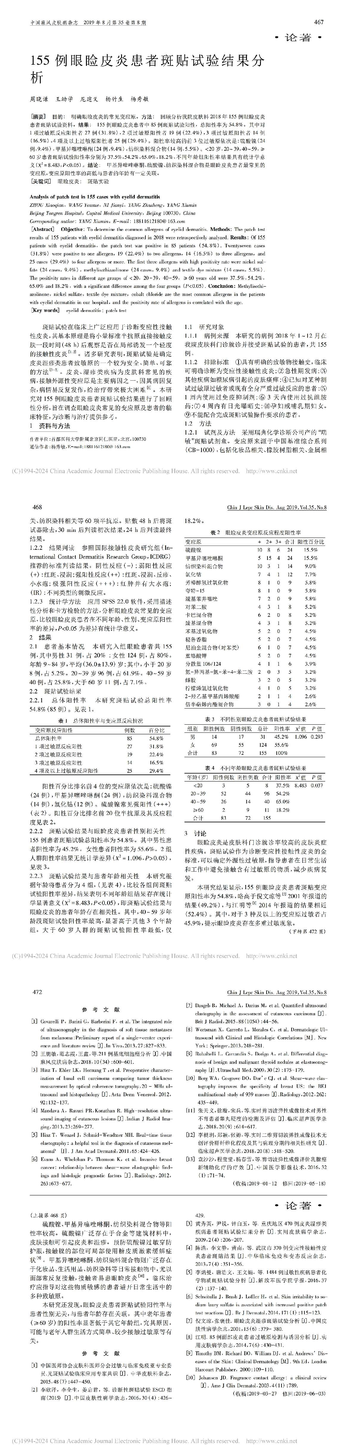 155 例眼睑皮炎患者斑贴试验结果分析